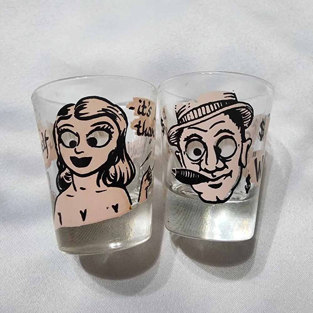 Vintage Federal Glass Shot Glasses Set of 2 Mid Century Comic Humorous Barware